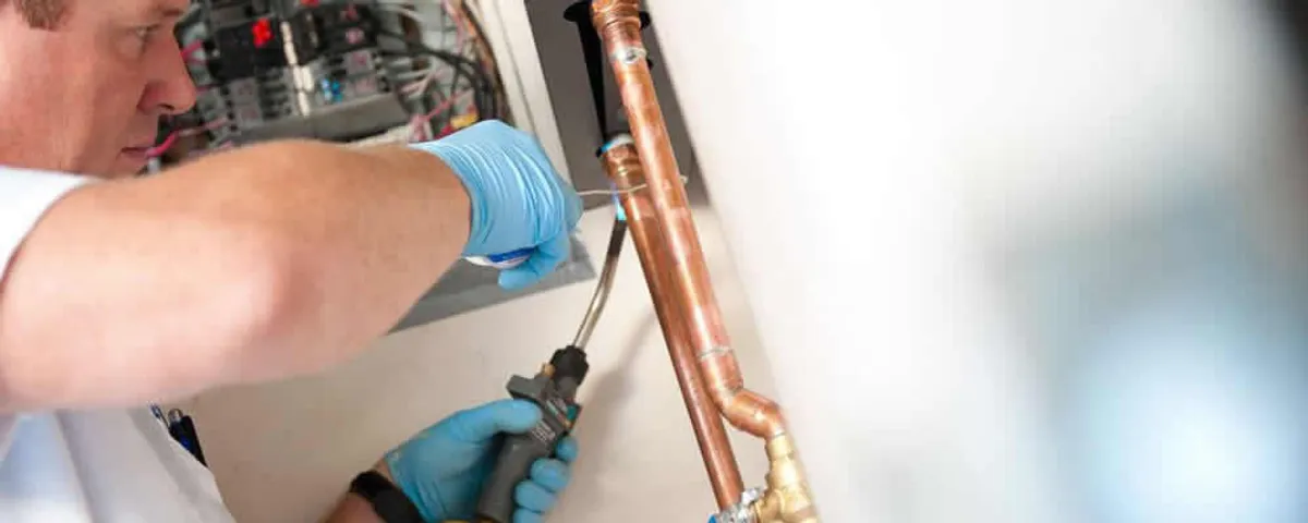 Water heater repair technician testing copper pipe connections and controls in Raleigh, NC